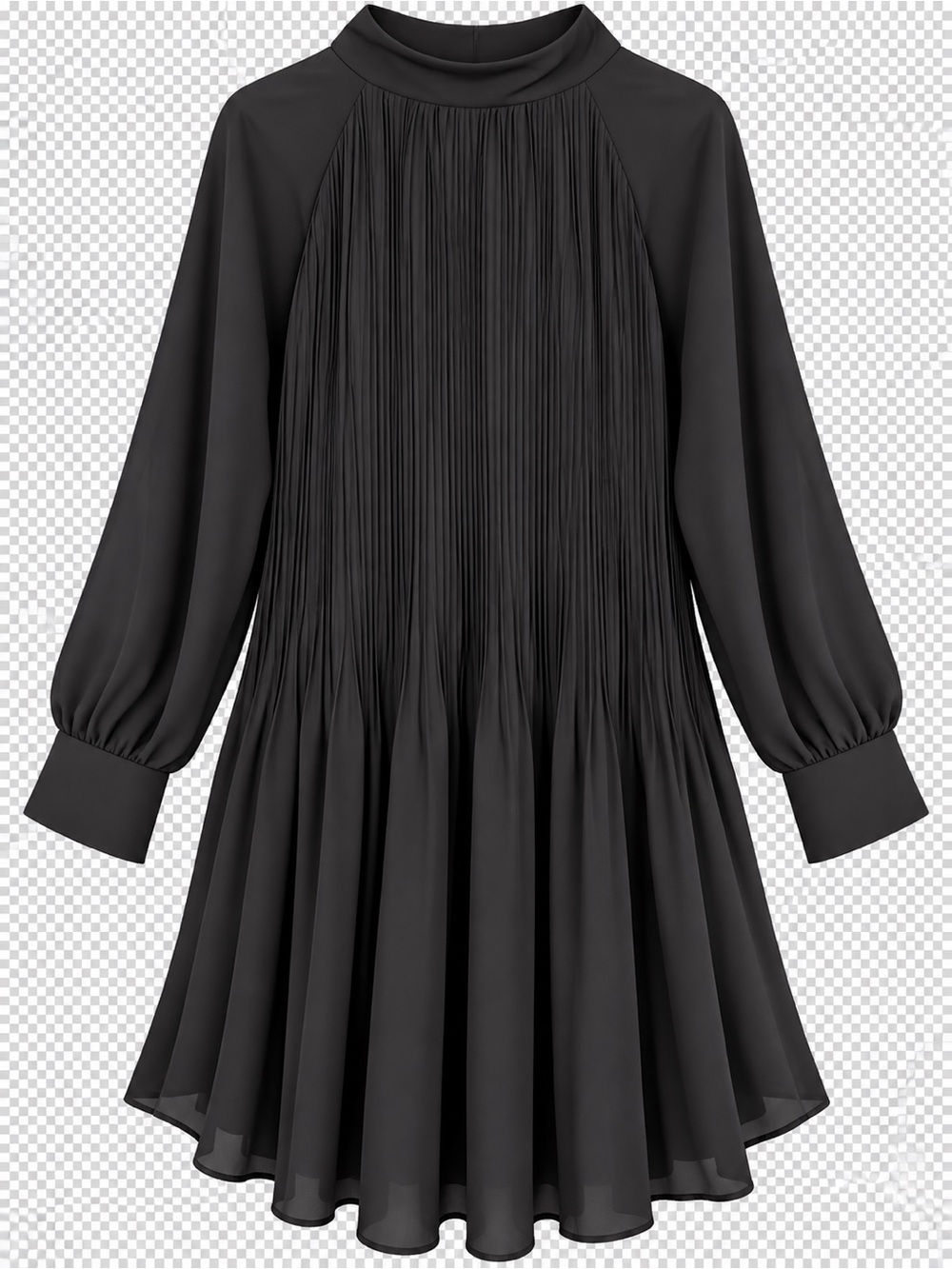 H&M Black Pleated Long-Sleeve Dress